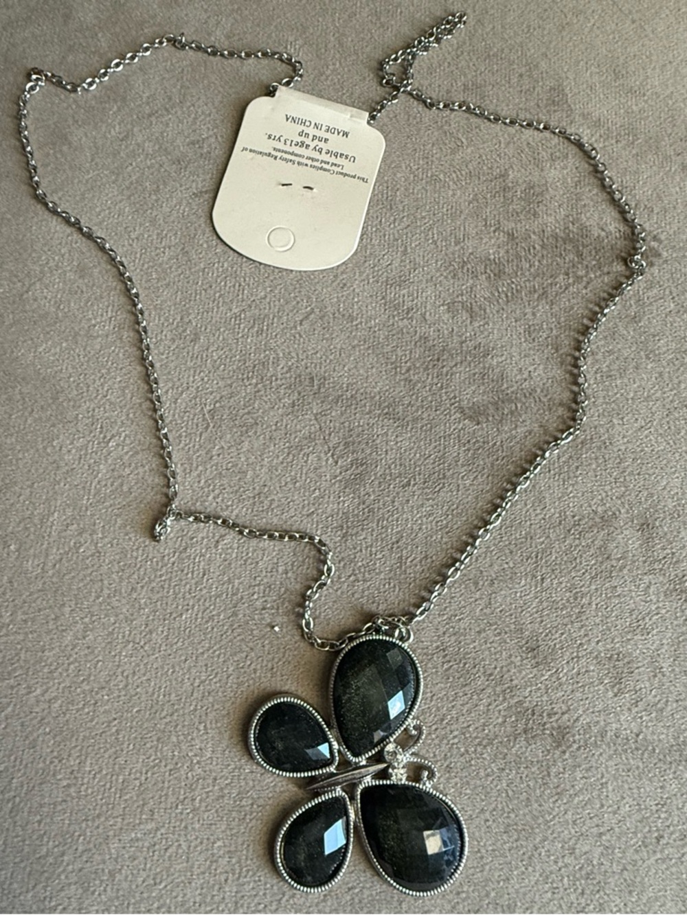 Silver-Tone Black Faceted Butterfly Pendant Necklace - Unbranded